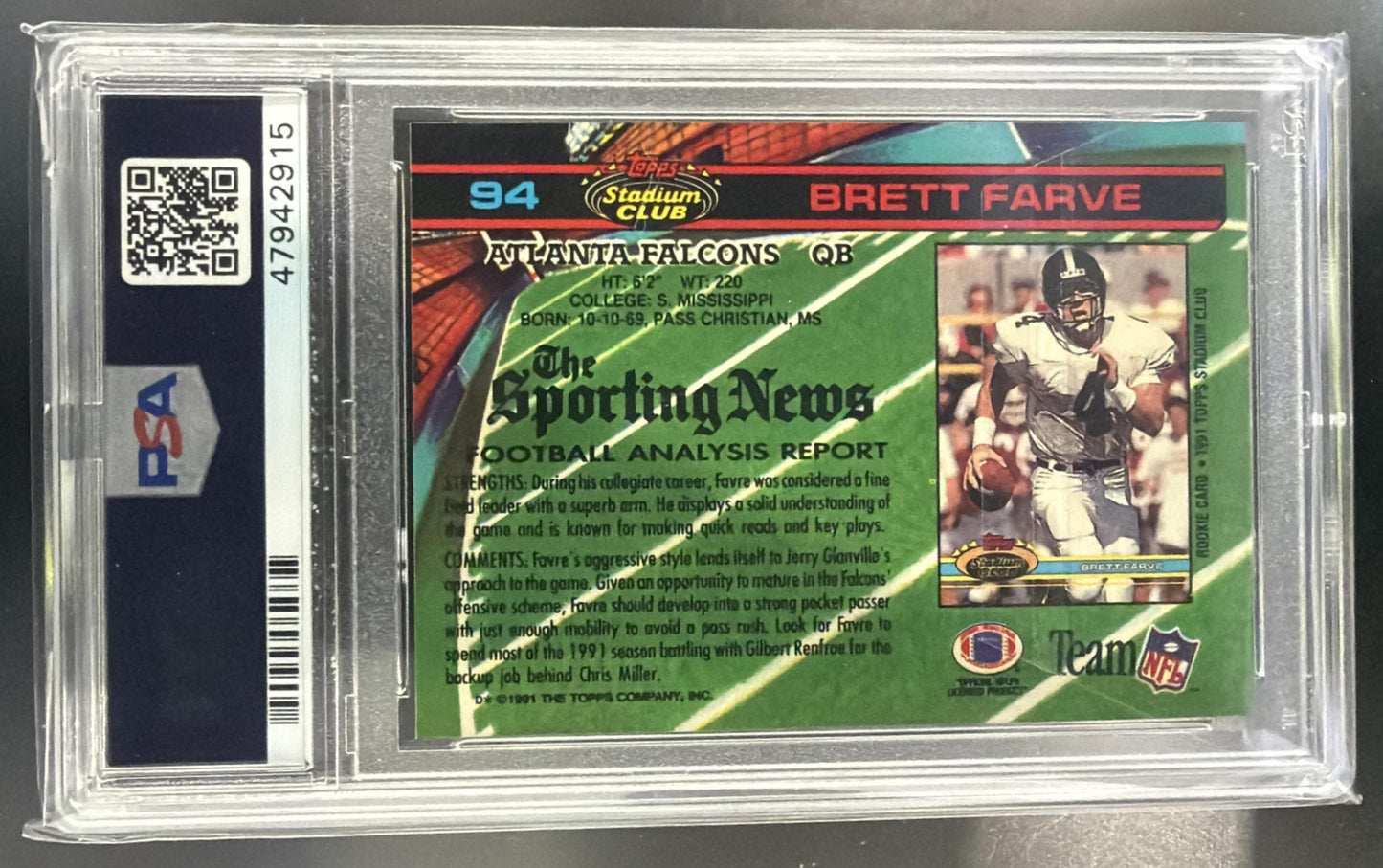 1991 Topps Stadium Club Brett Favre #94 RC Falcons PSA 8 — back