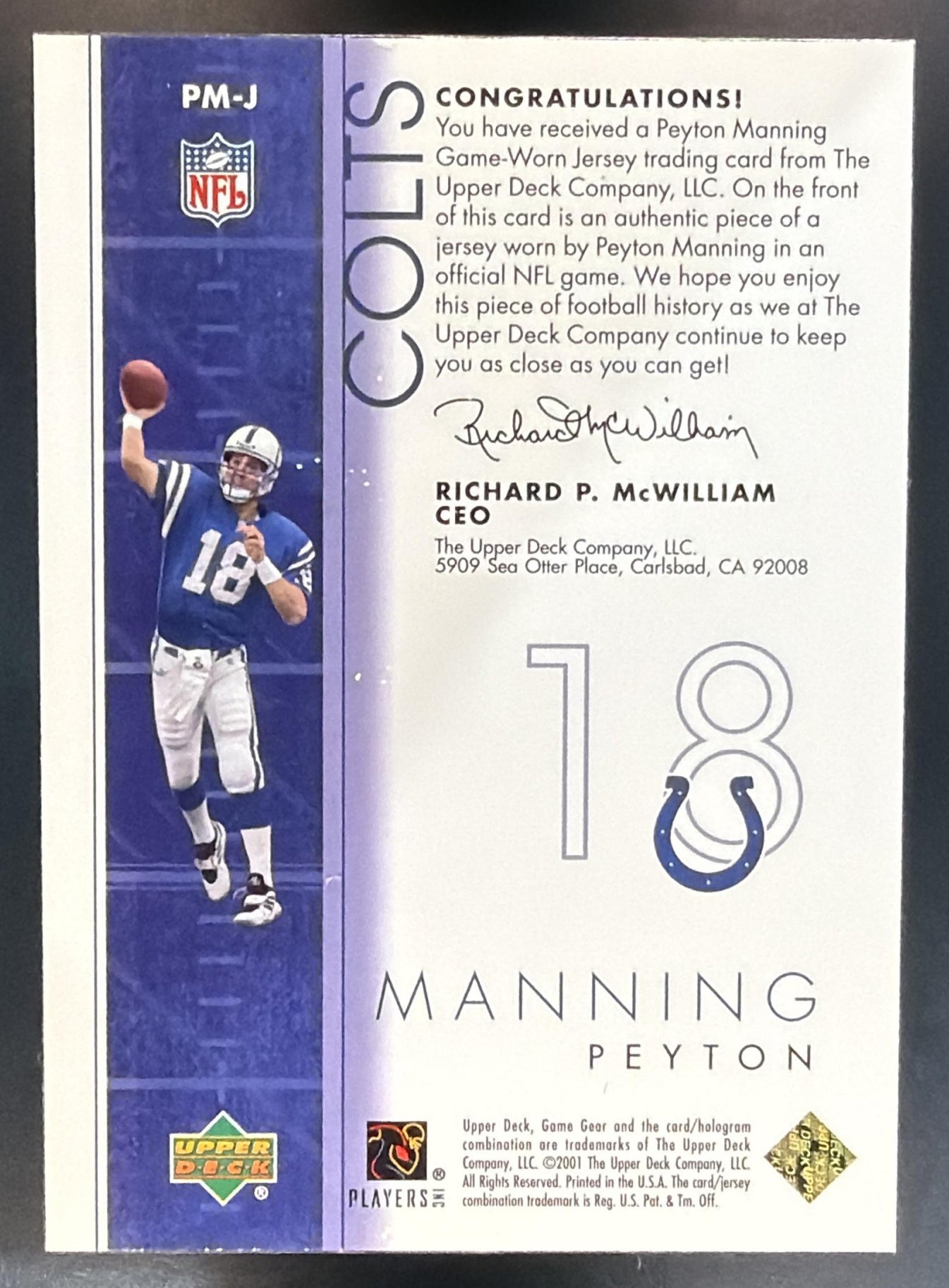2001 Upper Deck Game Gear Peyton Manning #PM-J Jerseys MEM Colts — back