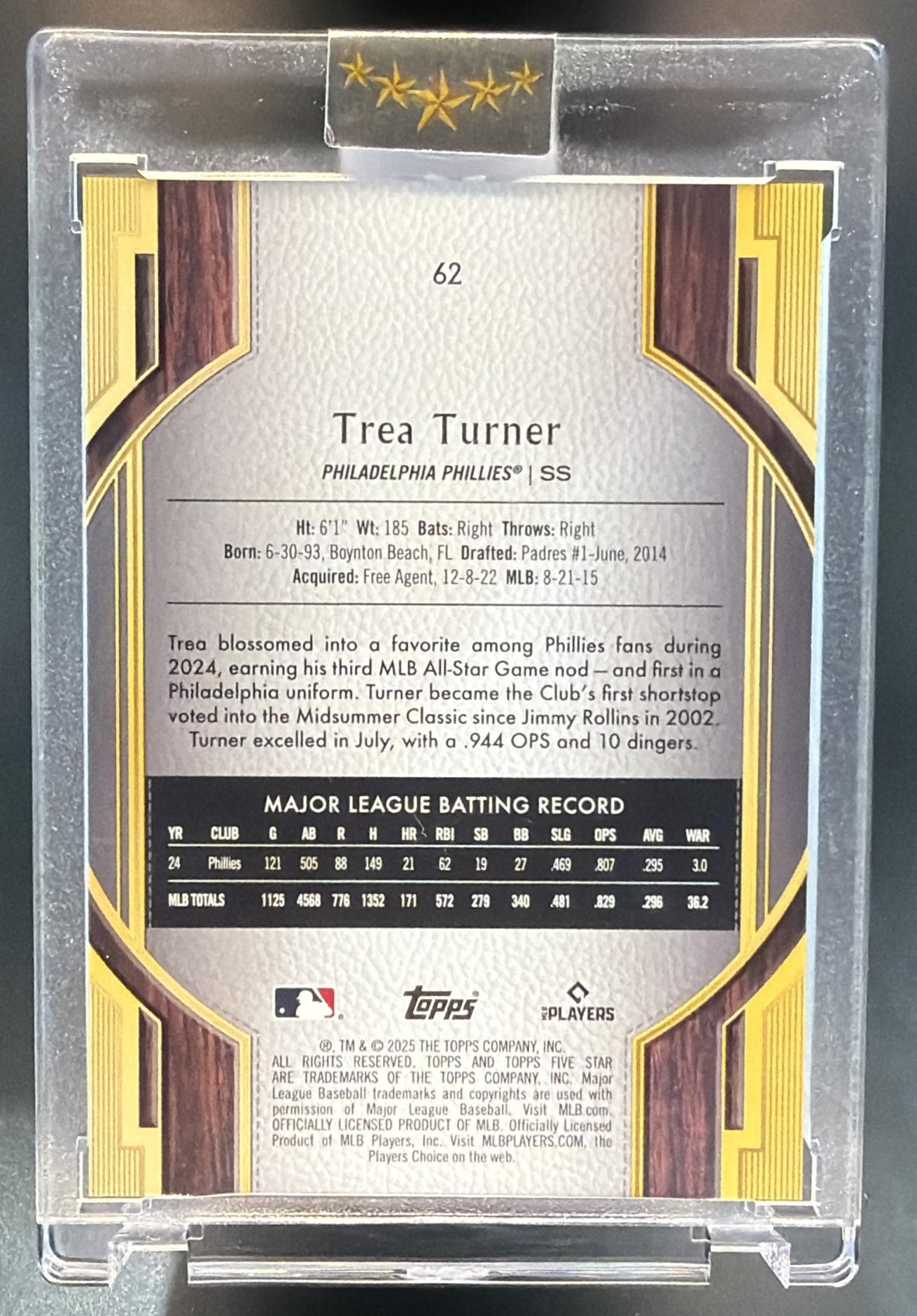 2025 Topps Five Star Trea Turner #62 Emerald 13/15 Phillies — back