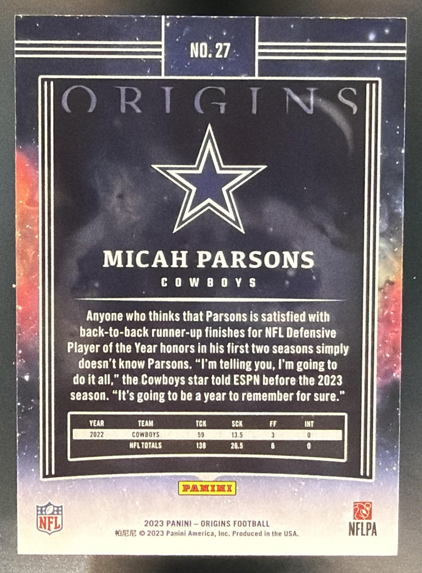2023 Panini Origins Micah Parsons #27 Purple 16/17 Cowboys — back