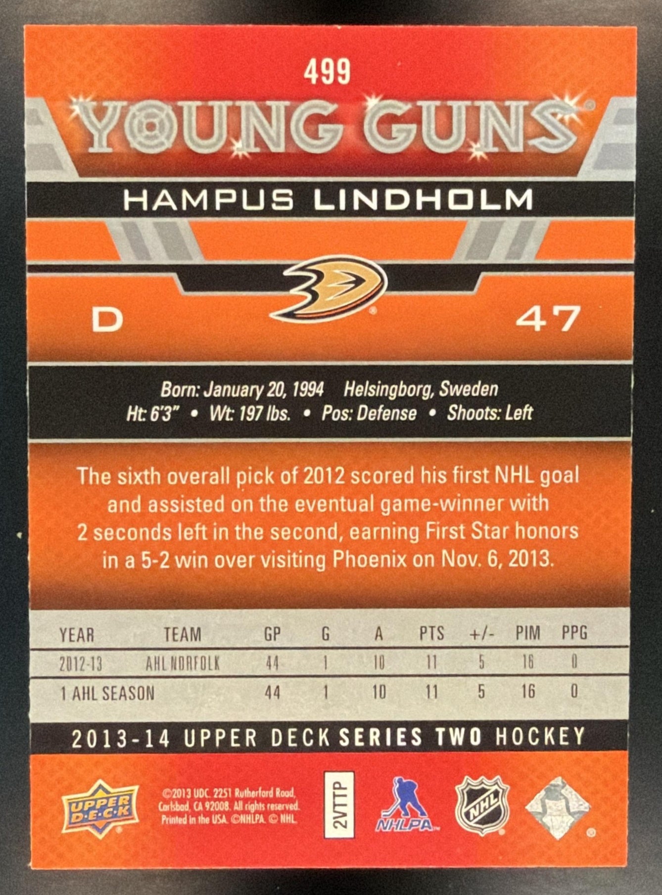 2013-14 Upper Deck Hampus Lindholm #499 Young Guns RC Ducks — back