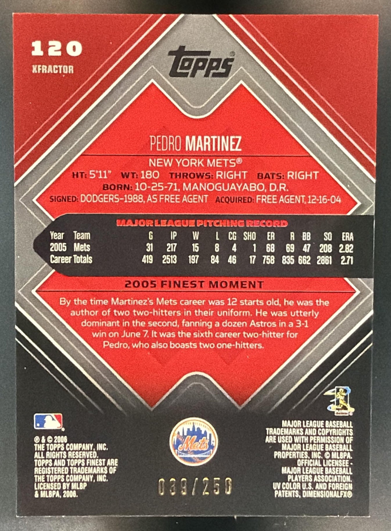 2006 Topps Finest Pedro Martinez #120 X Fractors 39/250 Mets — back