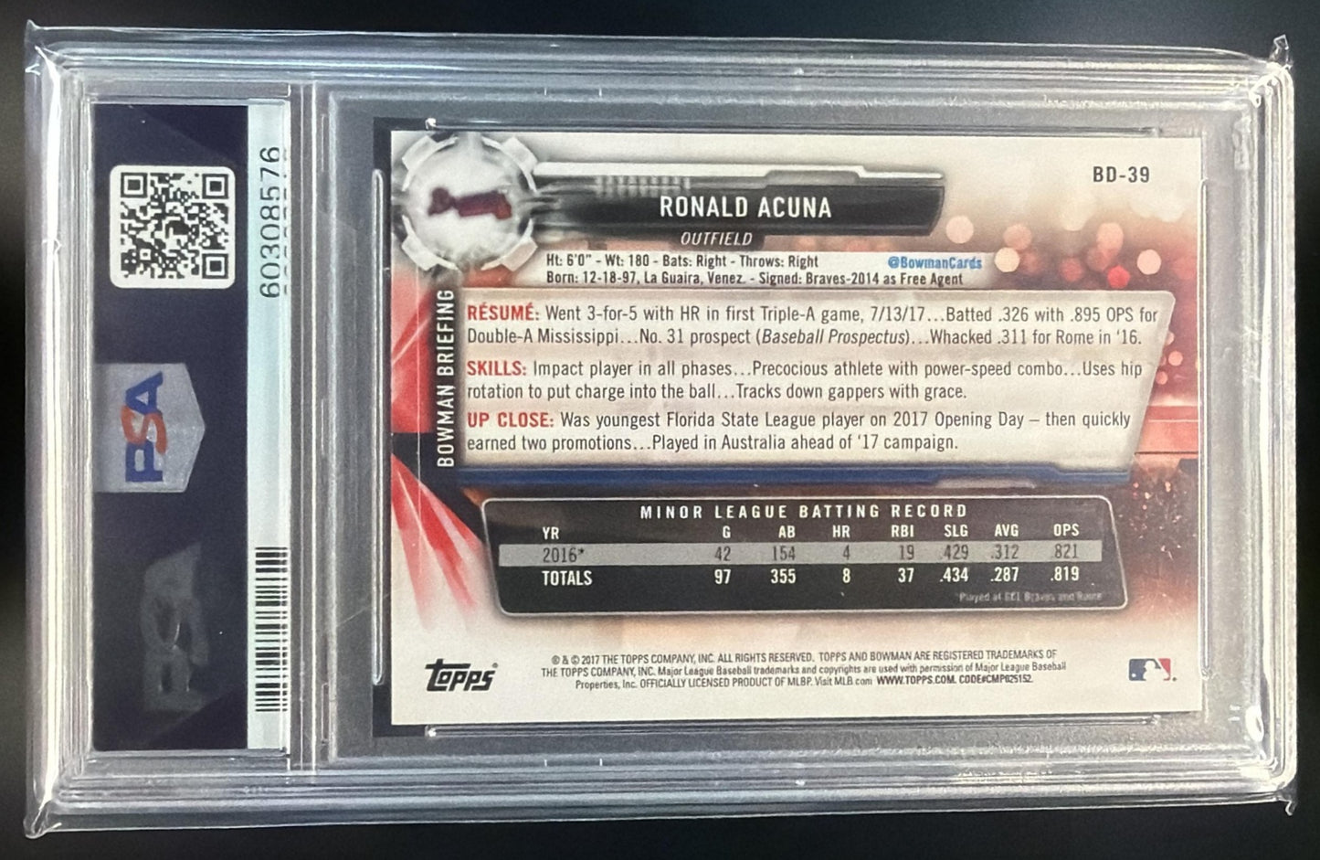 2017 Bowman Draft Ronald Acuna #BD-39 Braves PSA 10