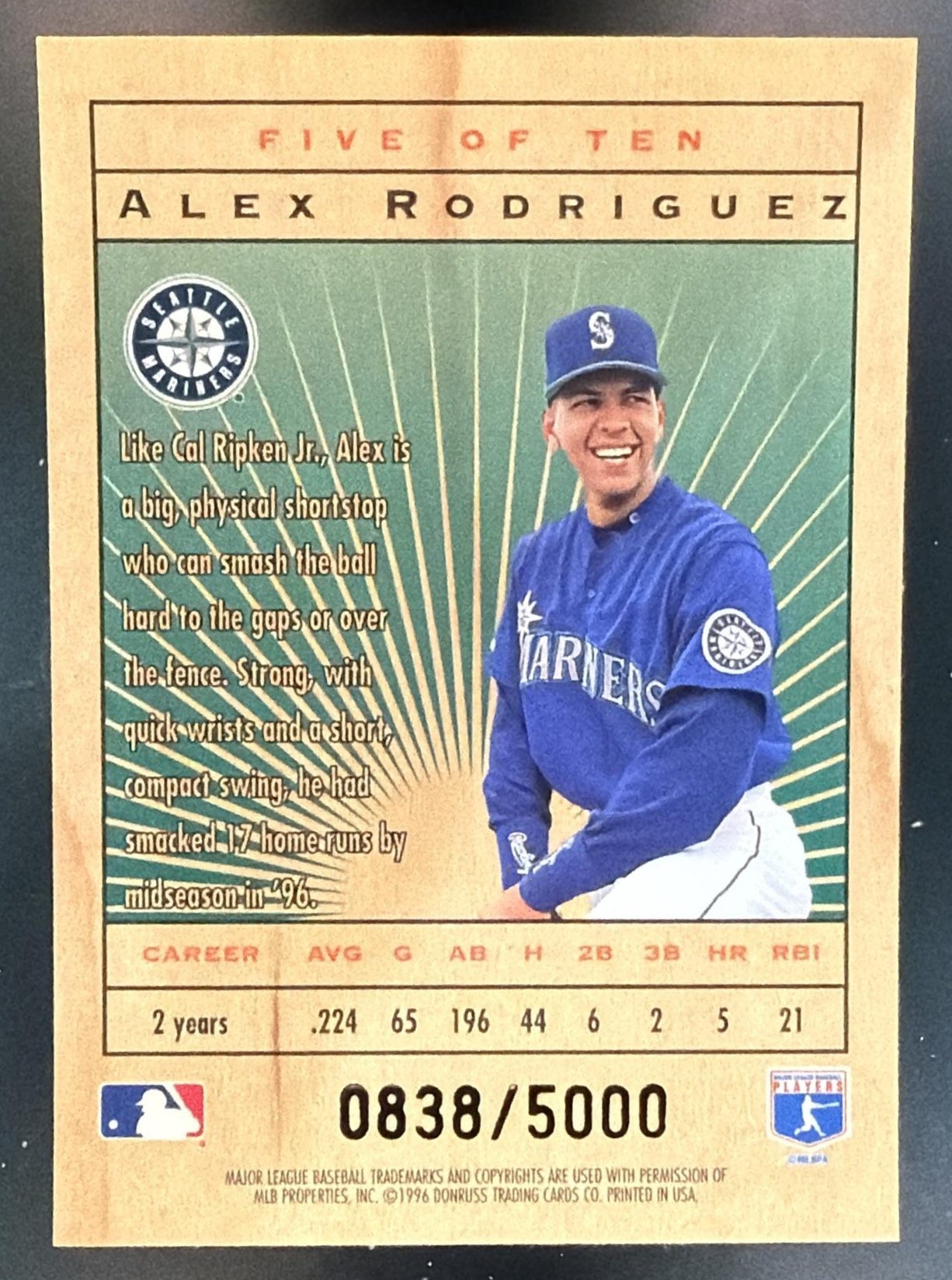 1996 Leaf Limited Alex Rodriguez #5 Lumberjacks 838/5000 Mariners — back