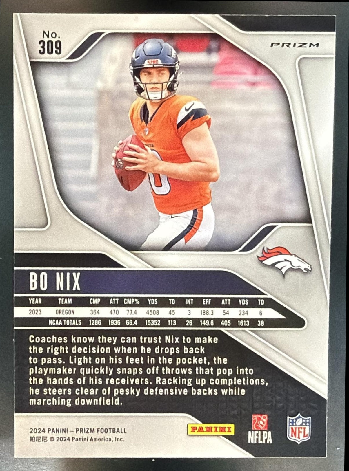 2024 Panini Prizm Bo Nix #309 Red White and Blue RC Broncos — back