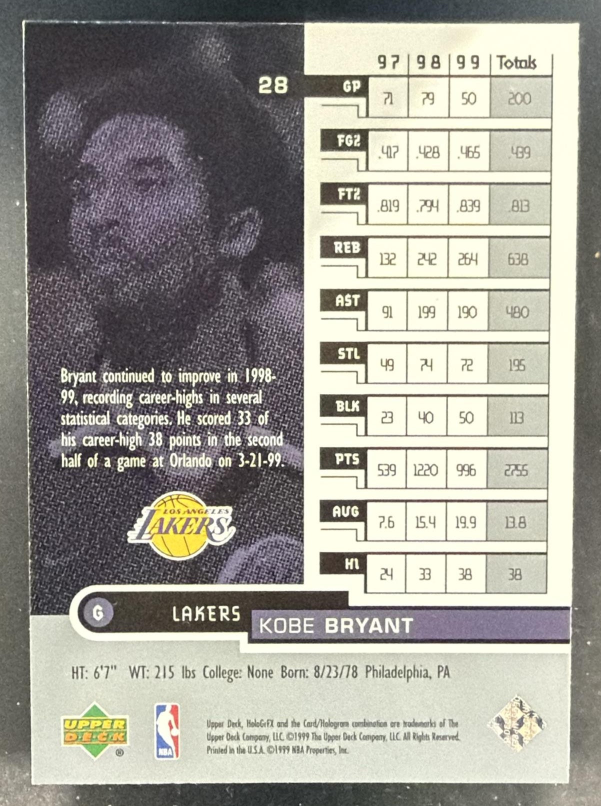 1999-00 Upper Deck HoloGrFX Kobe Bryant #28 Lakers — back