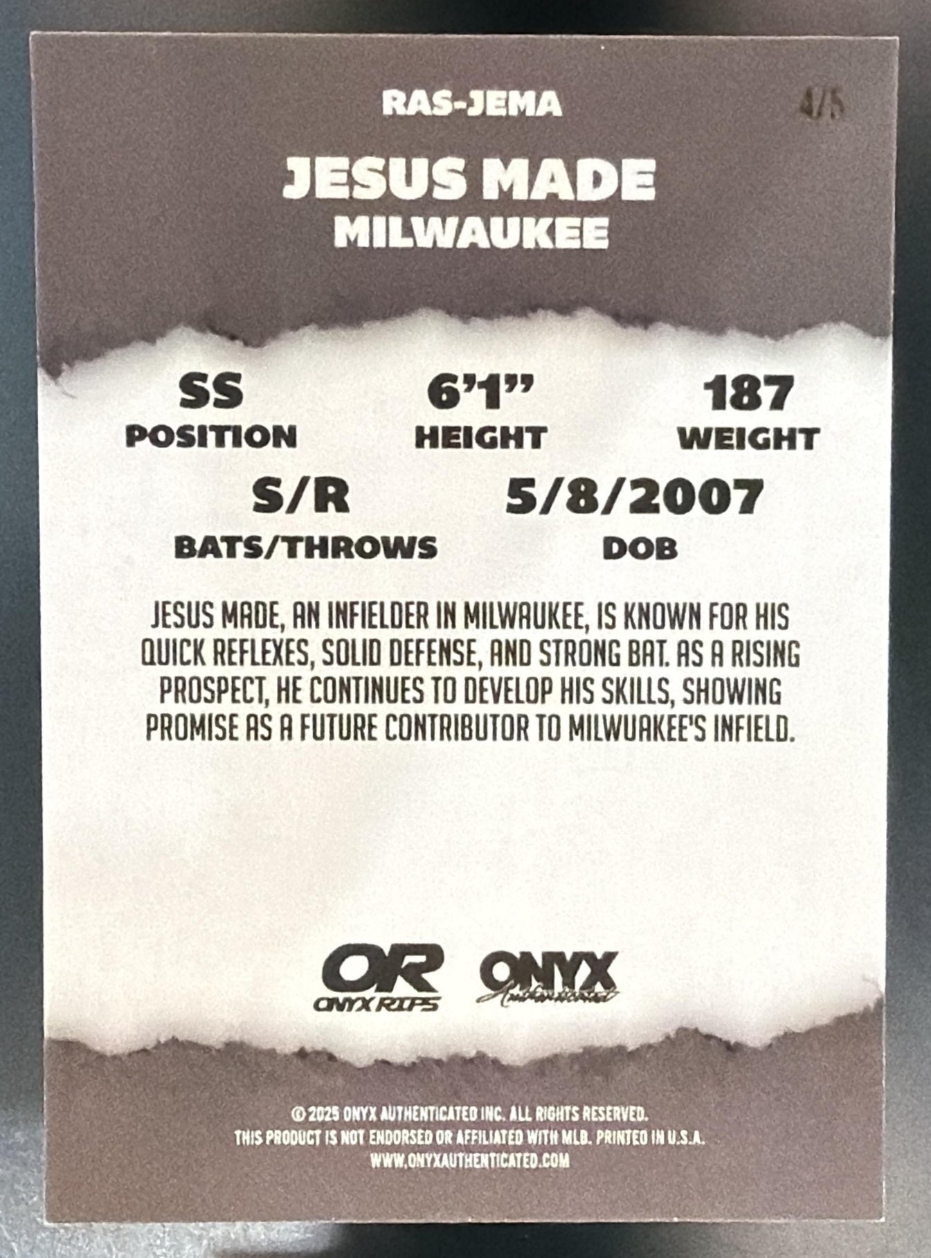 2025 Onyx Rips Jesus Made On Card Auto /5 — back