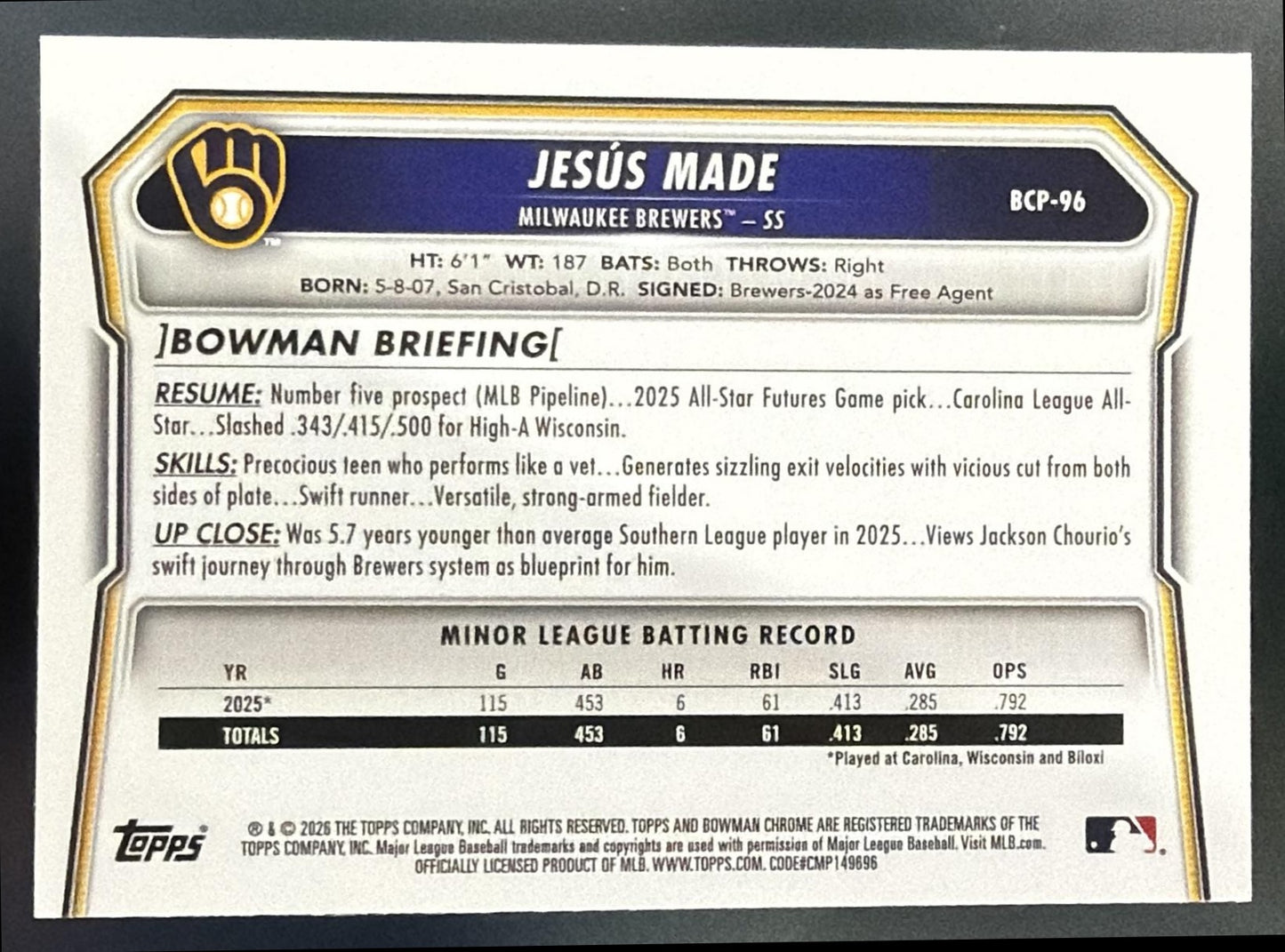 2026 Bowman Mega Box Jesus Made Chrome Prospects Sky Blue Mojo Refractor /499 — back
