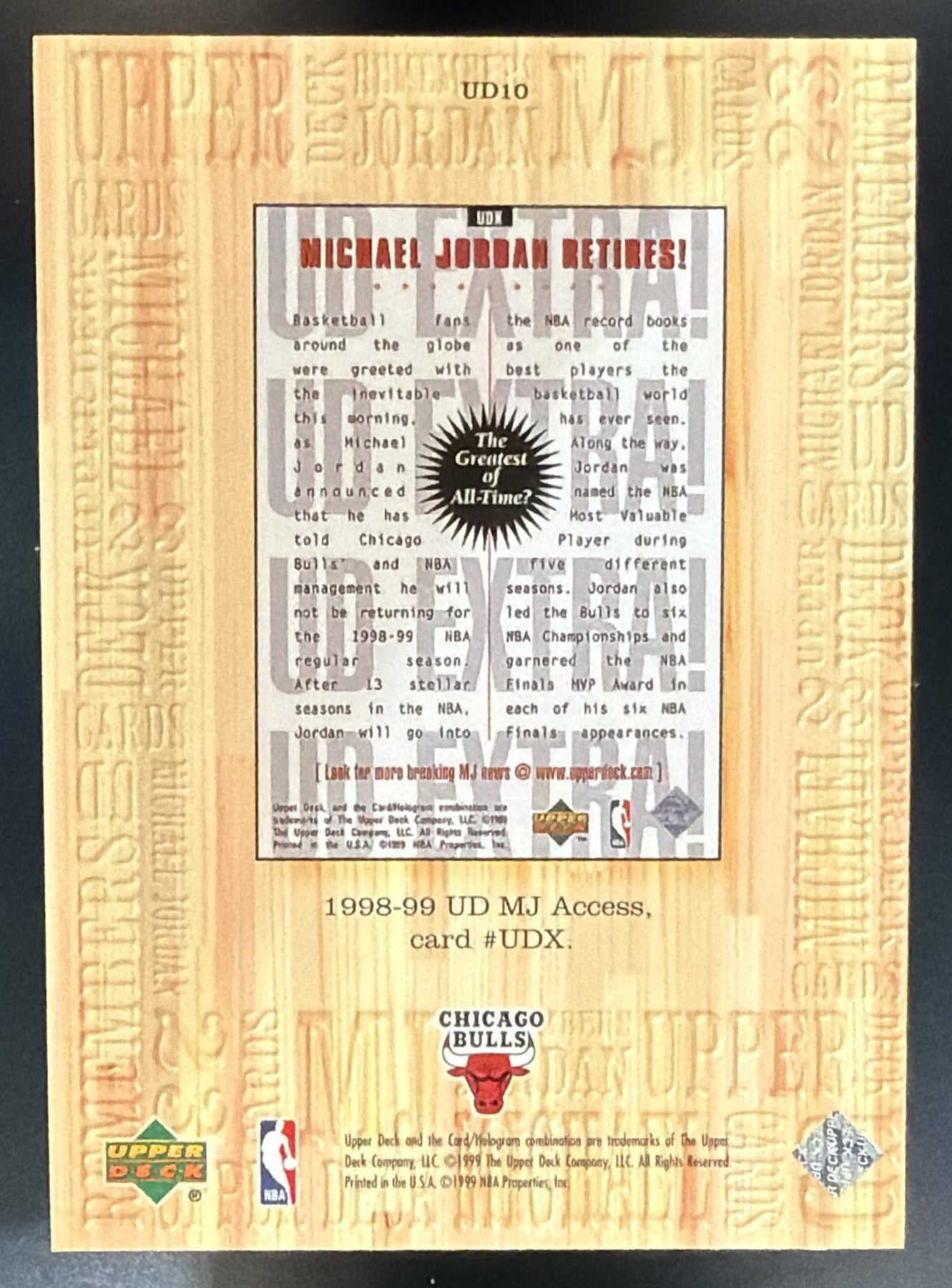 1999-00 Upper Deck Michael Jordan Athlete of the Century #UD10 Remembers Bulls — back
