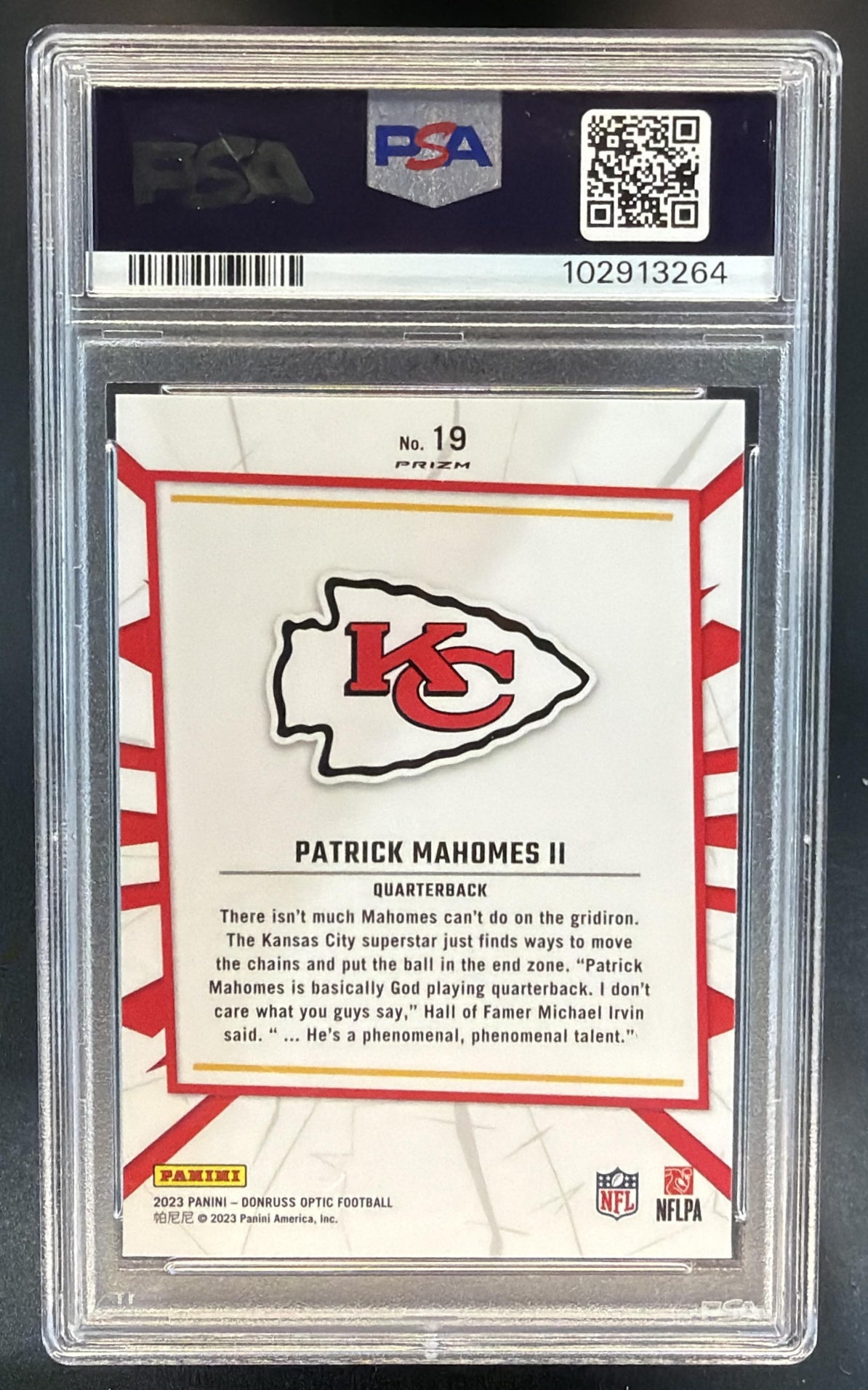 2023 Panini Donruss Optic Patrick Mahomes II #19 My House! Holo Prizm PSA 9 — back