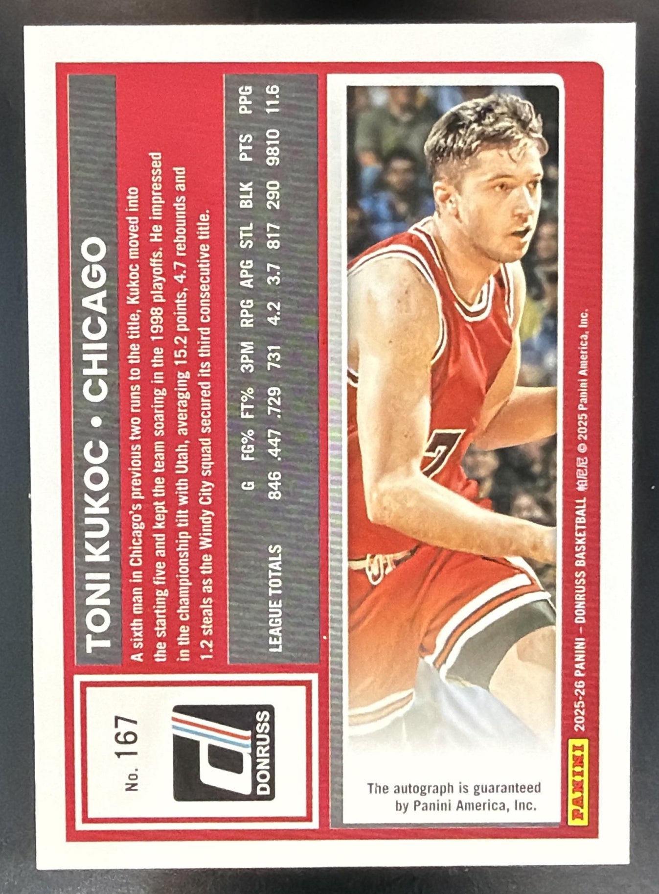 2025-26 Panini Donruss Toni Kukoc #167 Auto Silver Bulls — back