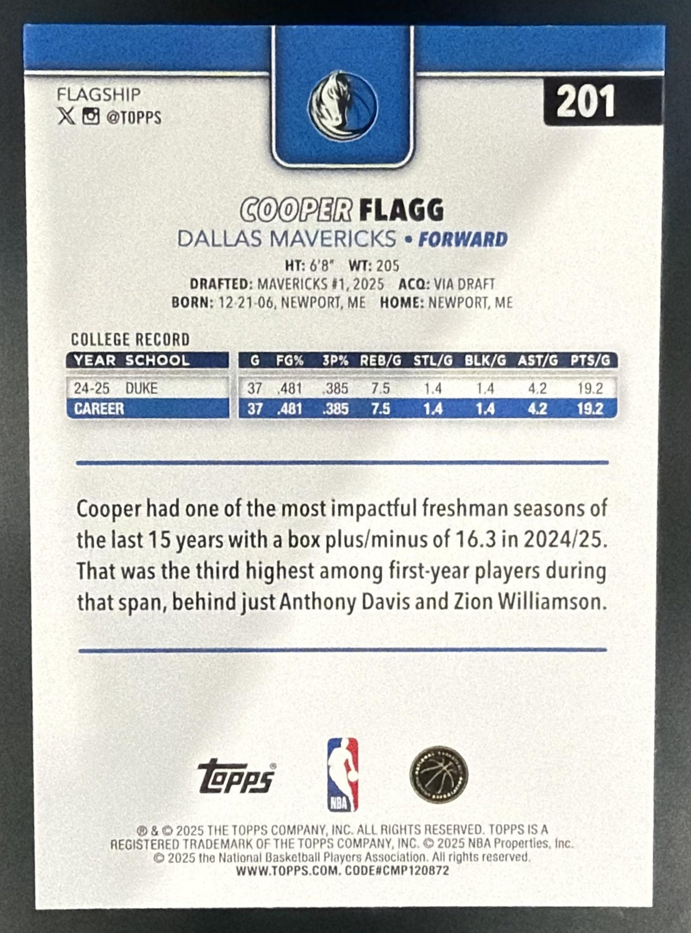2025-26 Topps Cooper Flagg #201 Season Tip-Off RC — back