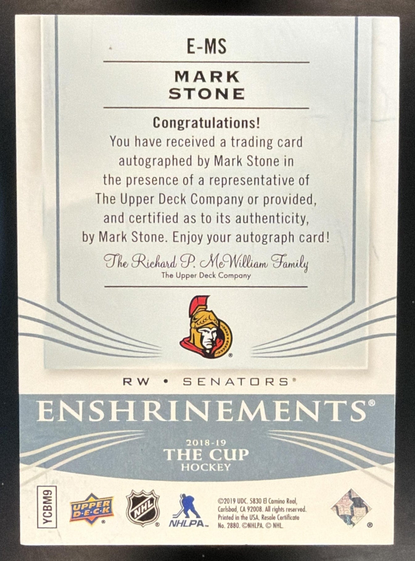 2018-19 Upper Deck The Cup Mark Stone #E-MS Enshrinements Auto 44/99 Senators — back