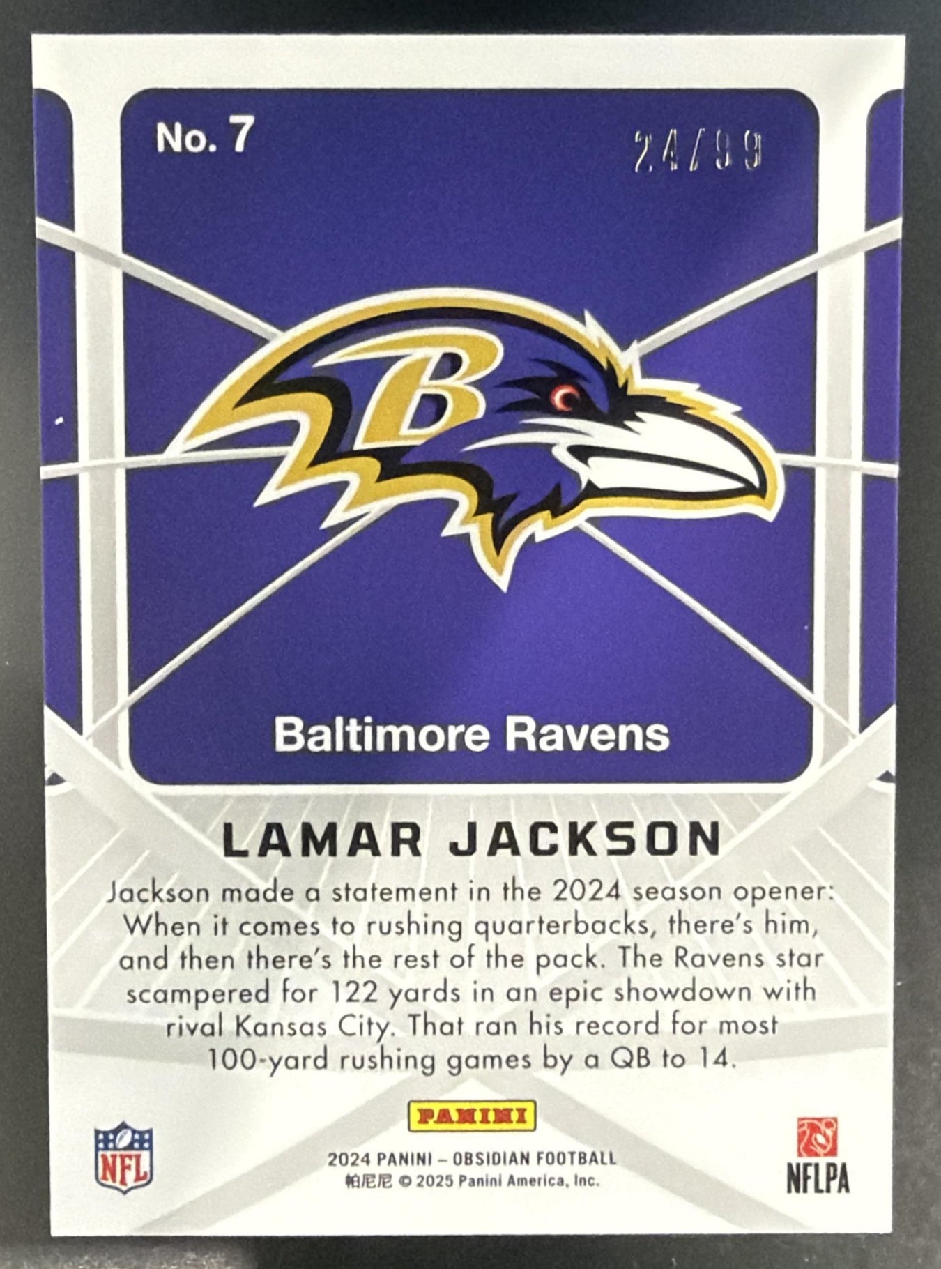2024 Panini Obsidian Lamar Jackson #7 Atomic Initials Silver 24/99 Ravens — back