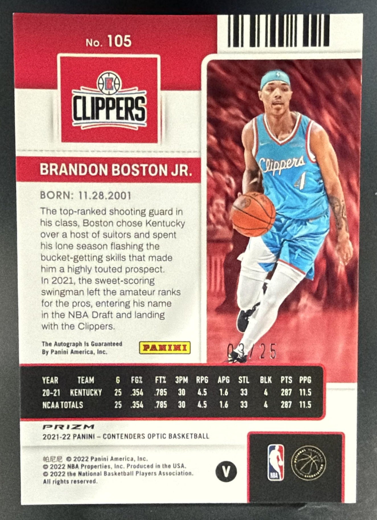 2021 Panini Contenders Optic Brandon Boston Jr. #105 Orange /25 RC Auto — back