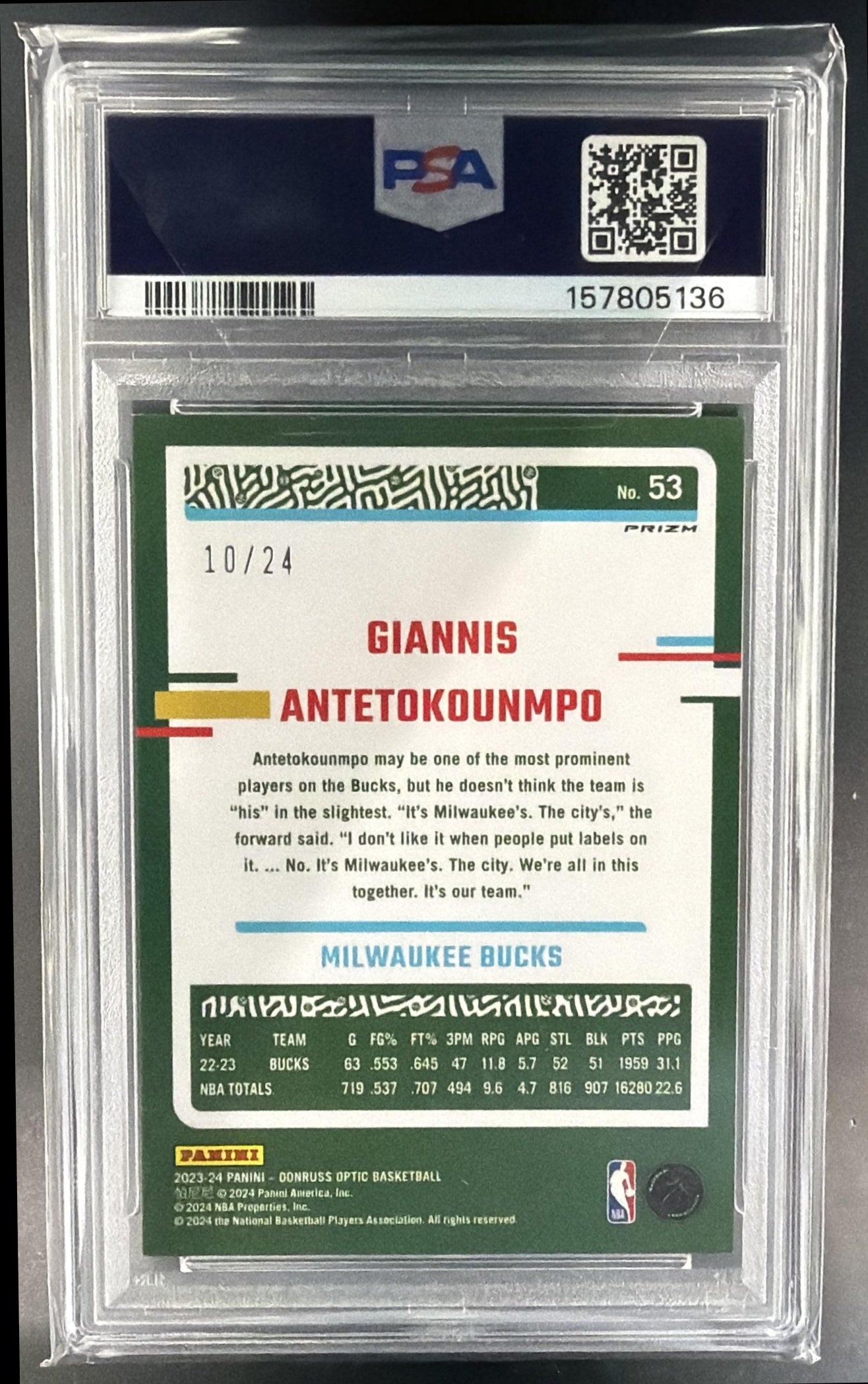 2023 Panini Donruss Optic Giannis Antetokounmpo Choice Blue Mojo Prizm /24 PSA 9 — back