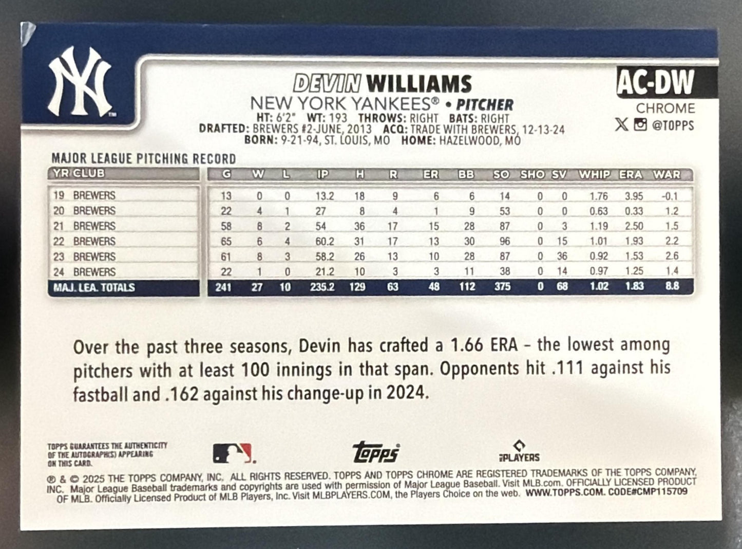 2025 Topps Chrome Update Devin Williams #AC-DW Auto Orange Wave Refractor /25 — back