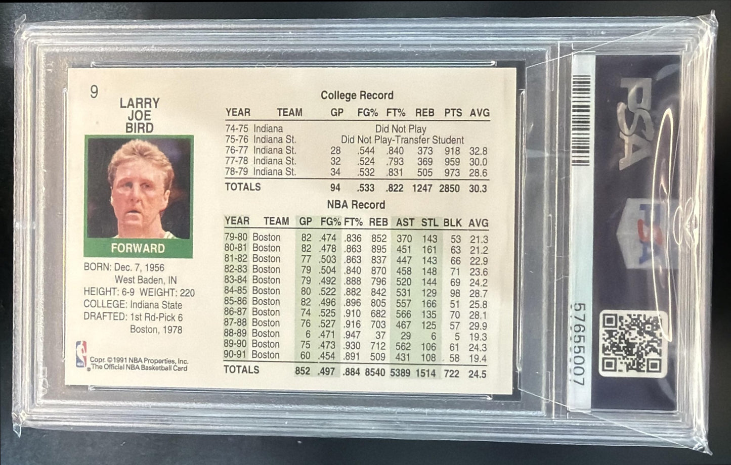 1991-92 Hoops Larry Bird #9 Celtics PSA 9 — back
