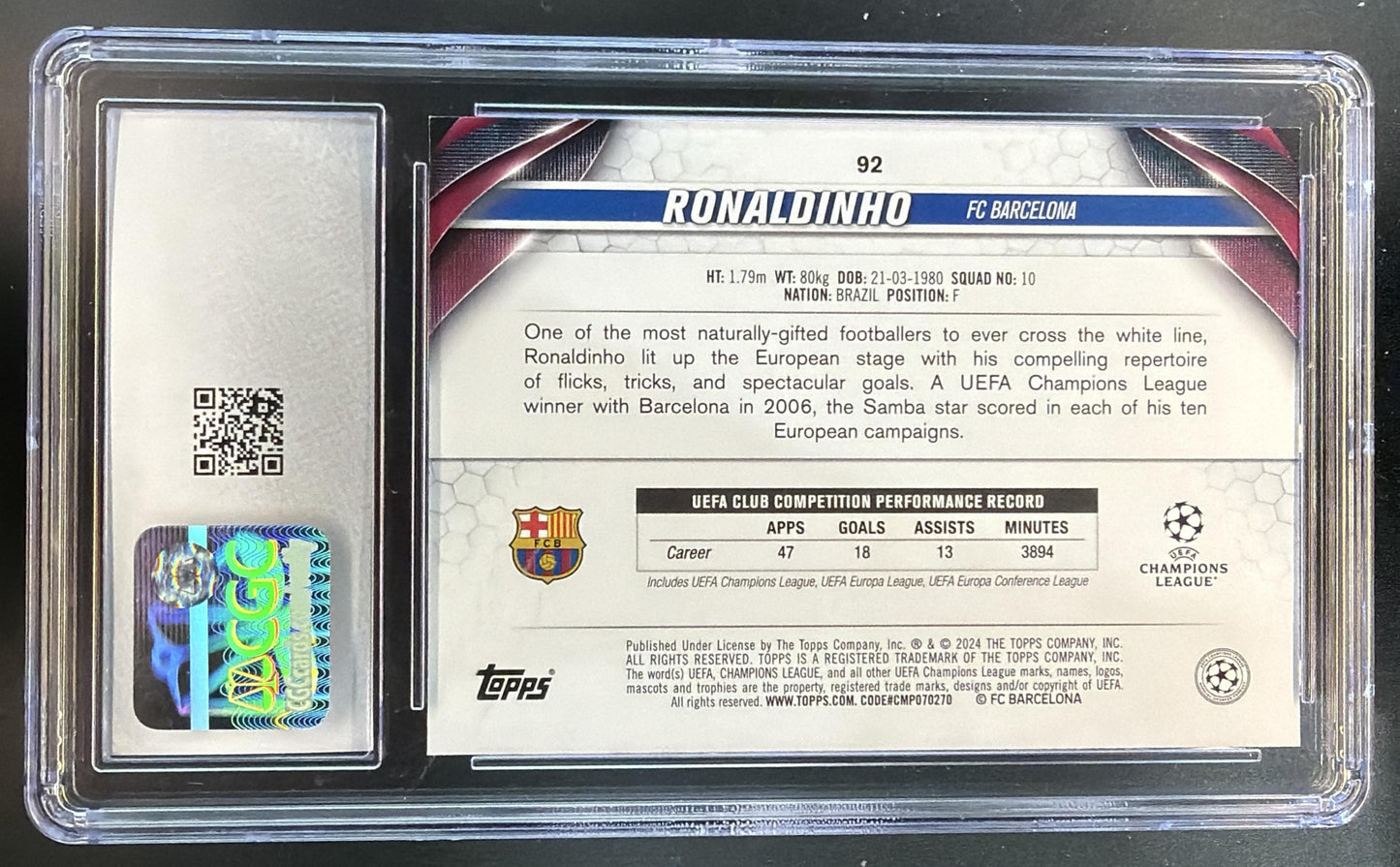 2023-24 Topps UEFA Club Competitions Ronaldinho #92b Barcelona CGC 10 — back
