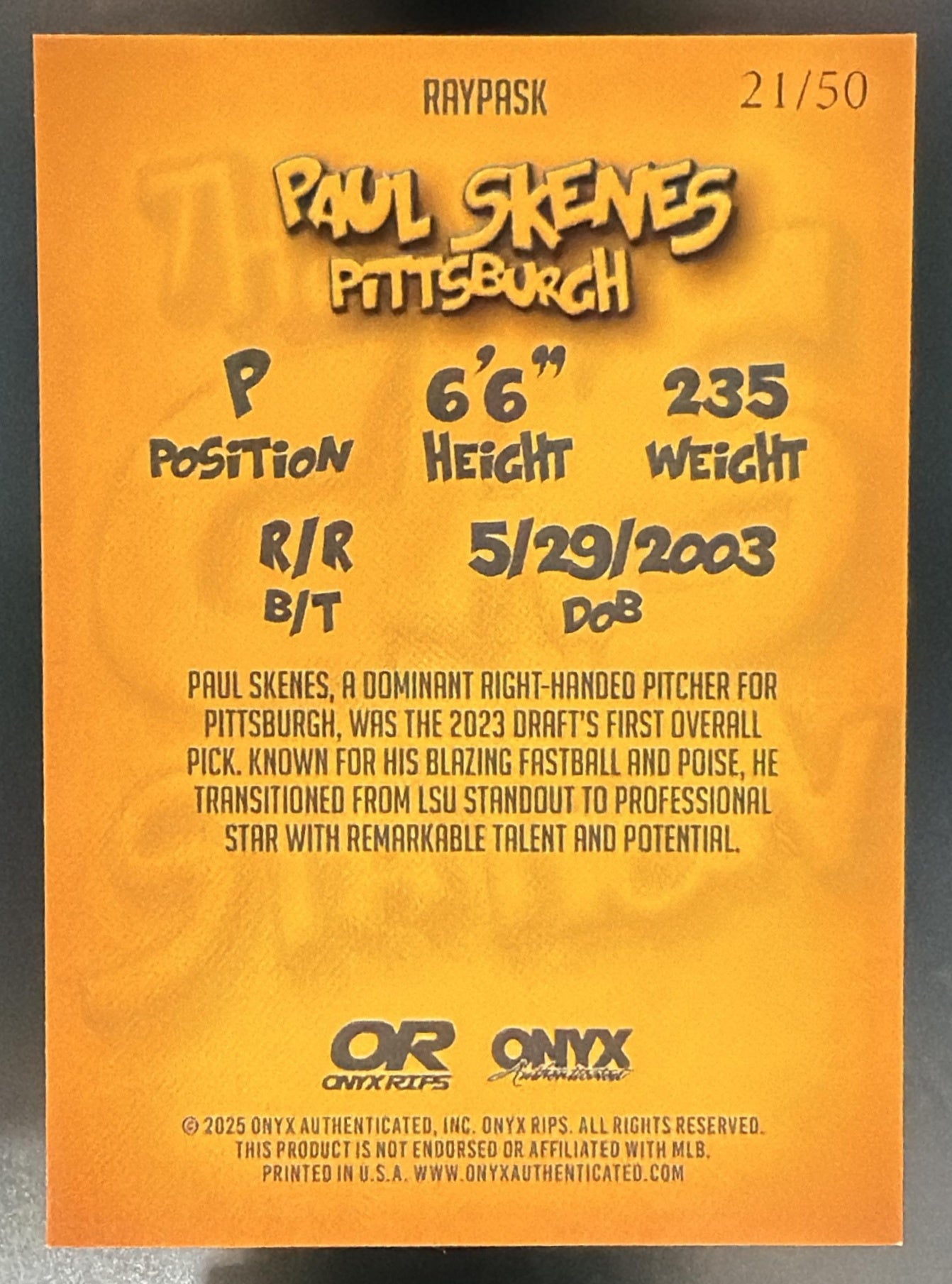 2025 Onyx Rips Paul Skenes Gas Station /50 Pirates — back