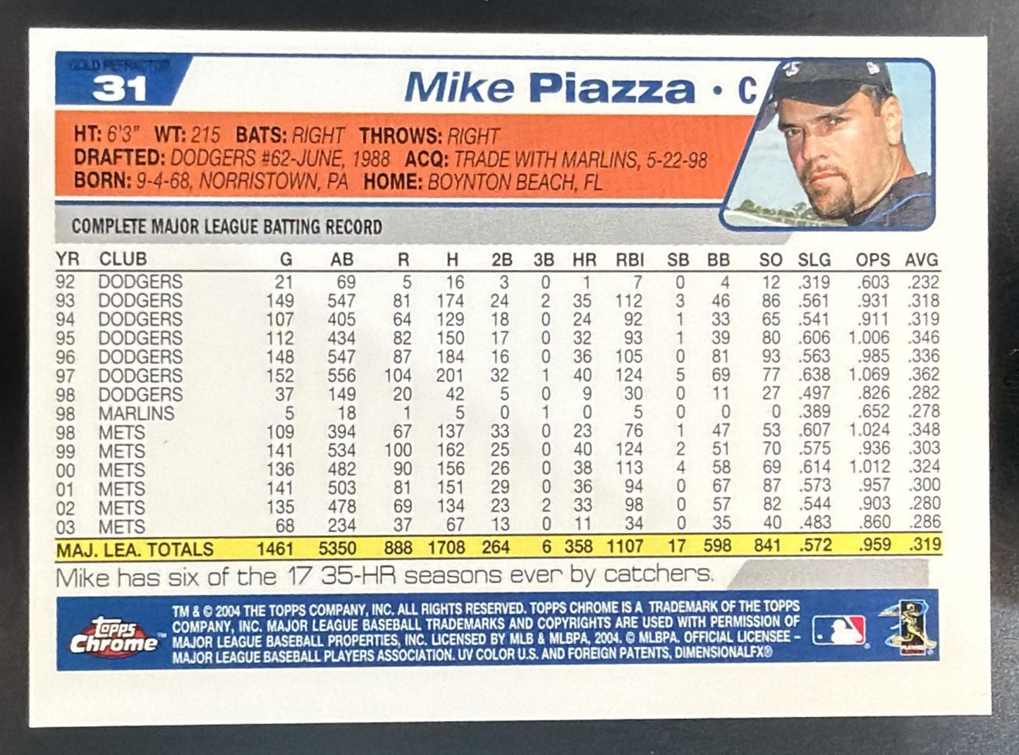 2004 Topps Chrome Mike Piazza #31 Gold Refractor Mets — back