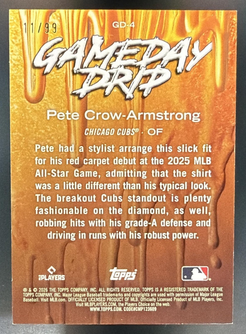 2026 Topps Series 1 Pete Crow-Armstrong #GD-4 Gameday Drip Green 11/99 Cubs — back
