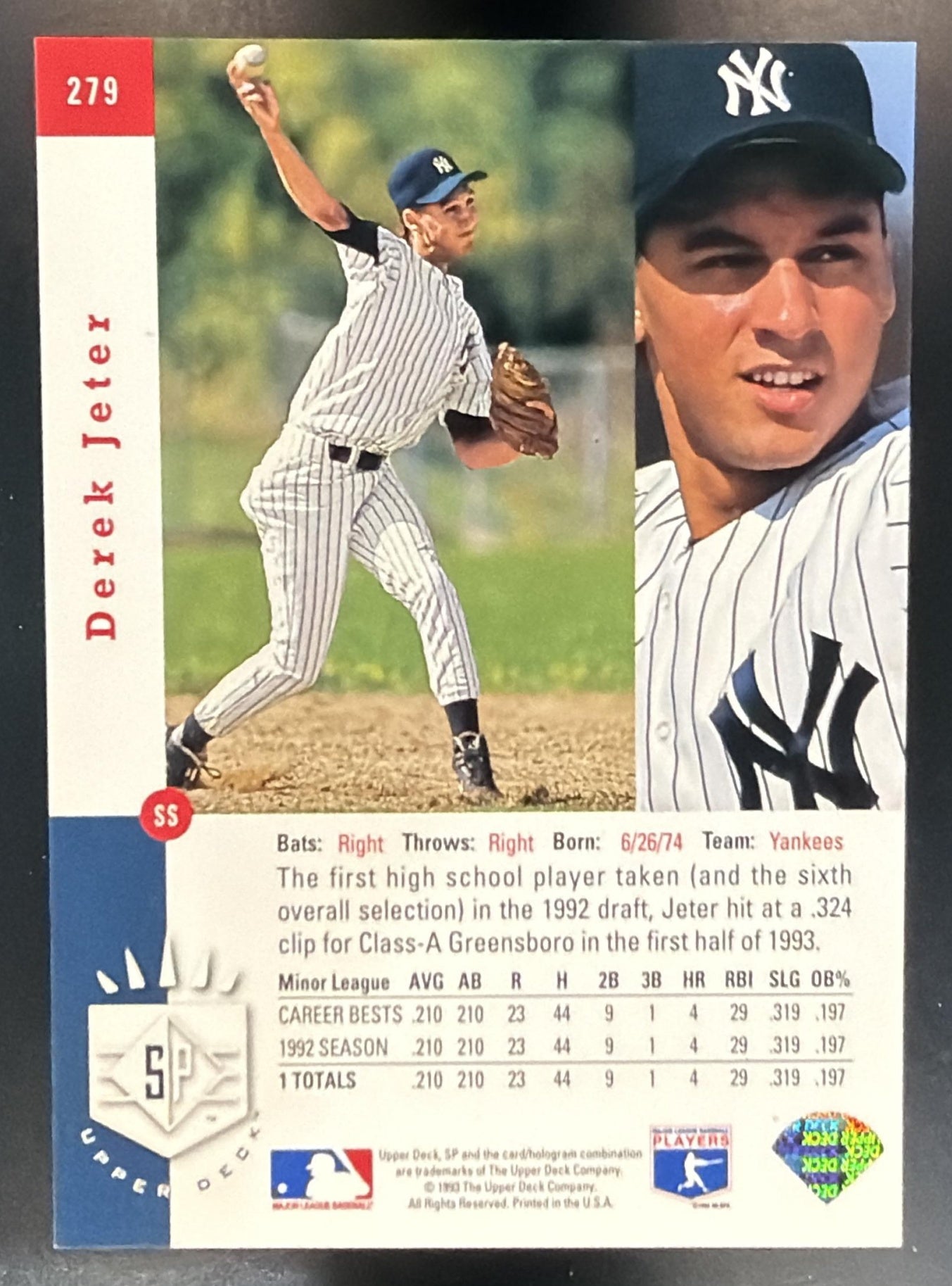 1993 SP Derek Jeter #279 RC Yankees — back