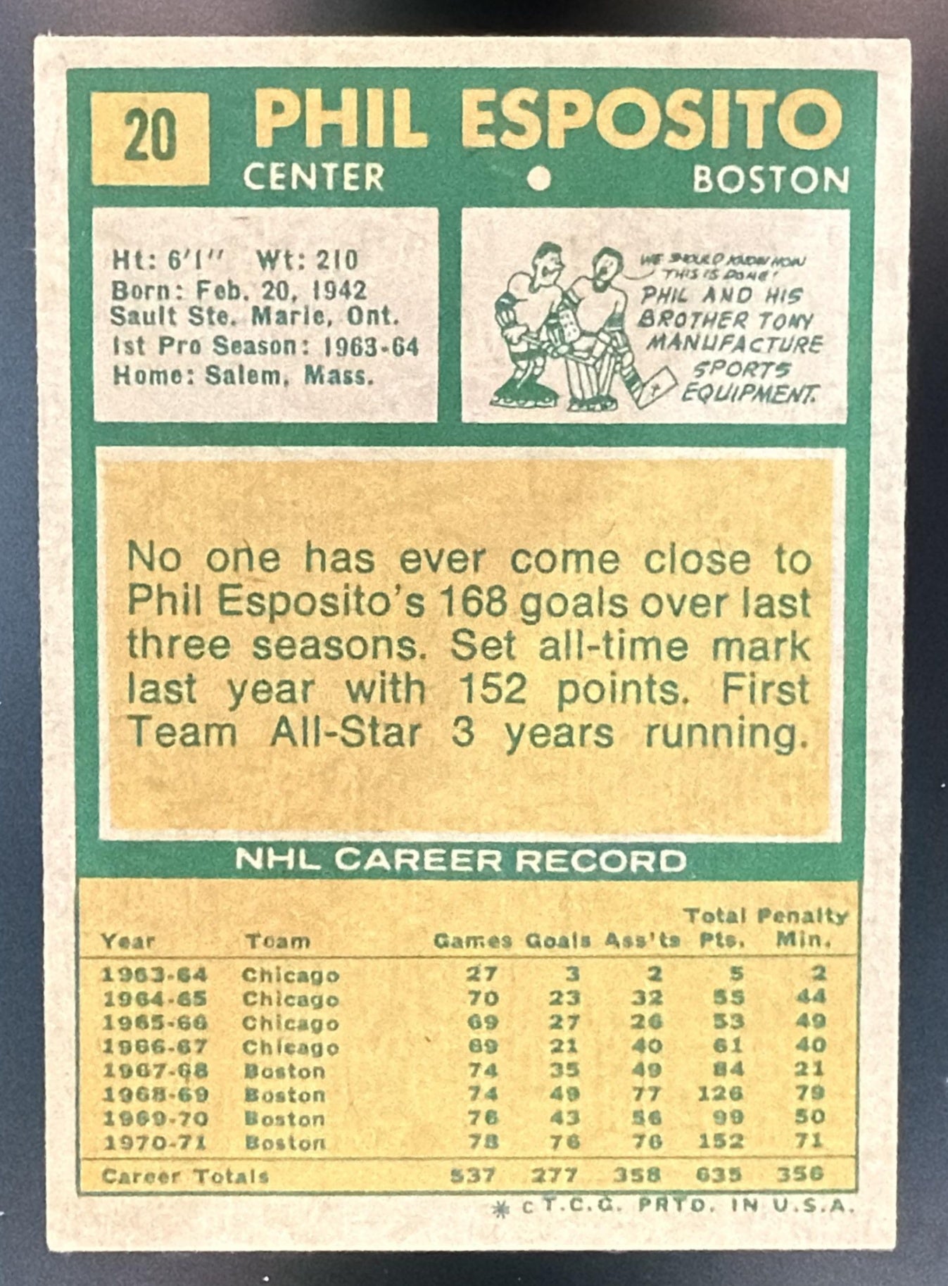 1971-72 Topps Phil Esposito #20 Bruins — back