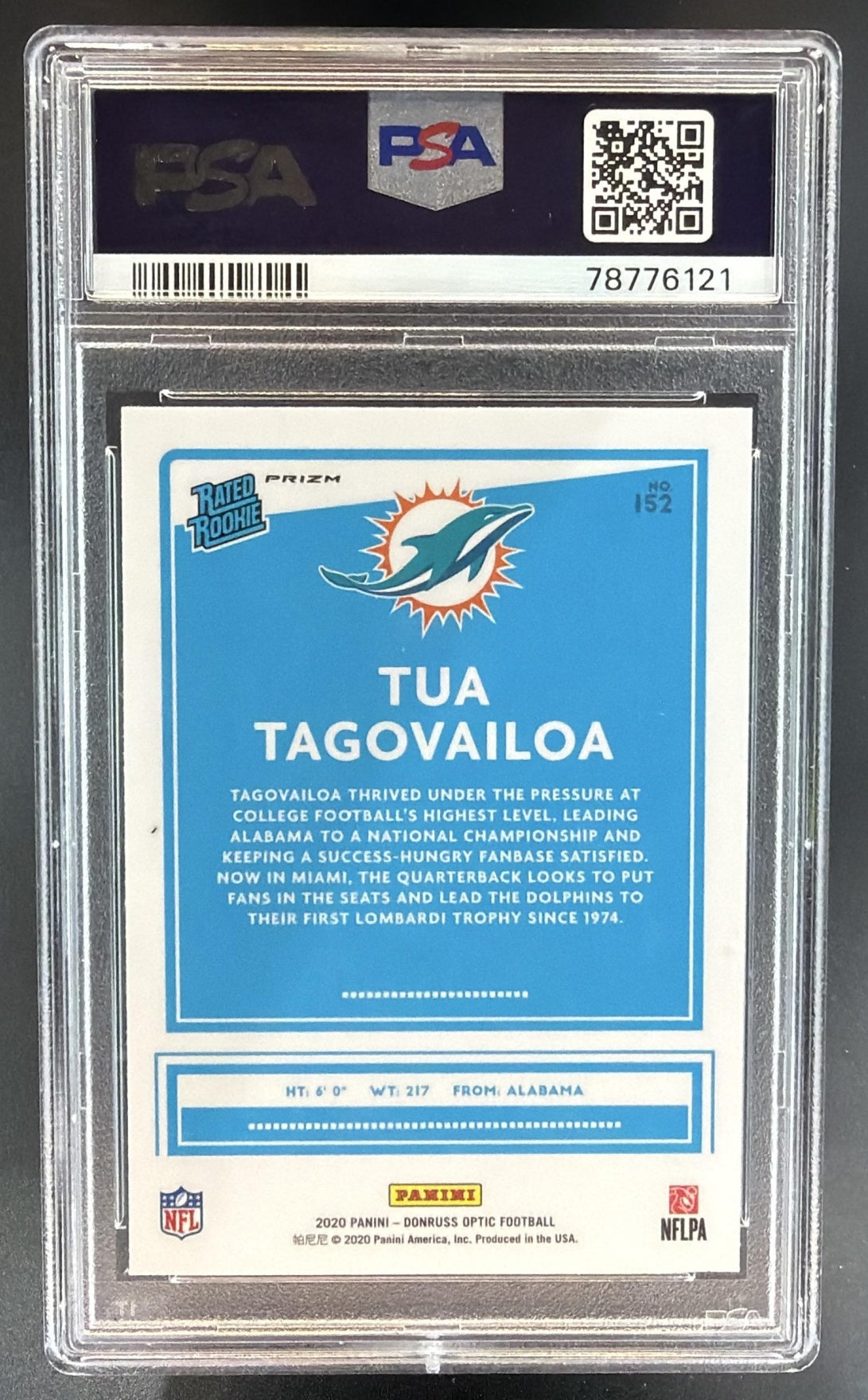 2020 Panini Donruss Optic Tua Tagovailoa #152 Purple Shock Prizm RC PSA 10 — back