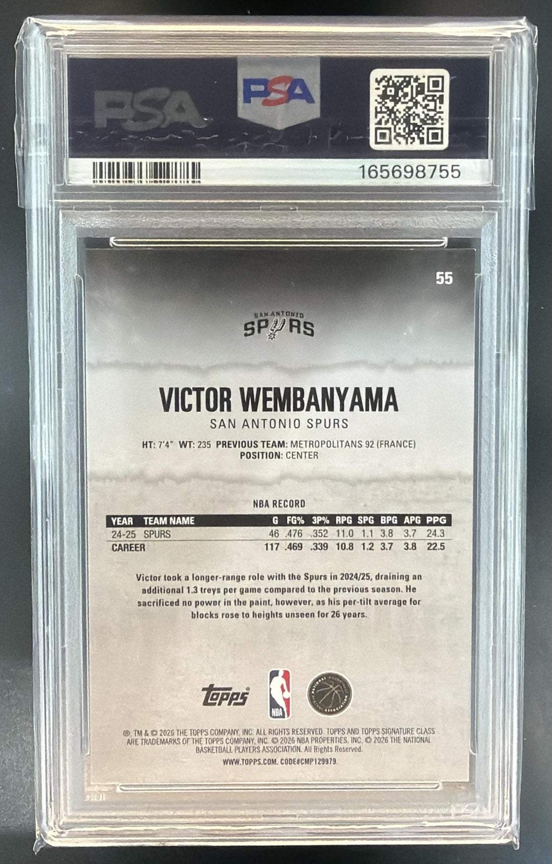 2025-26 Topps Signature Class Victor Wembanyama #55 Veteran Spurs PSA 9 — back