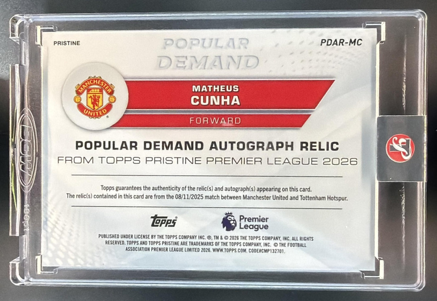 2025 Topps Pristine Premier League Matheus Cunha Popular Demand Auto Relics Blue /75 MEM — back