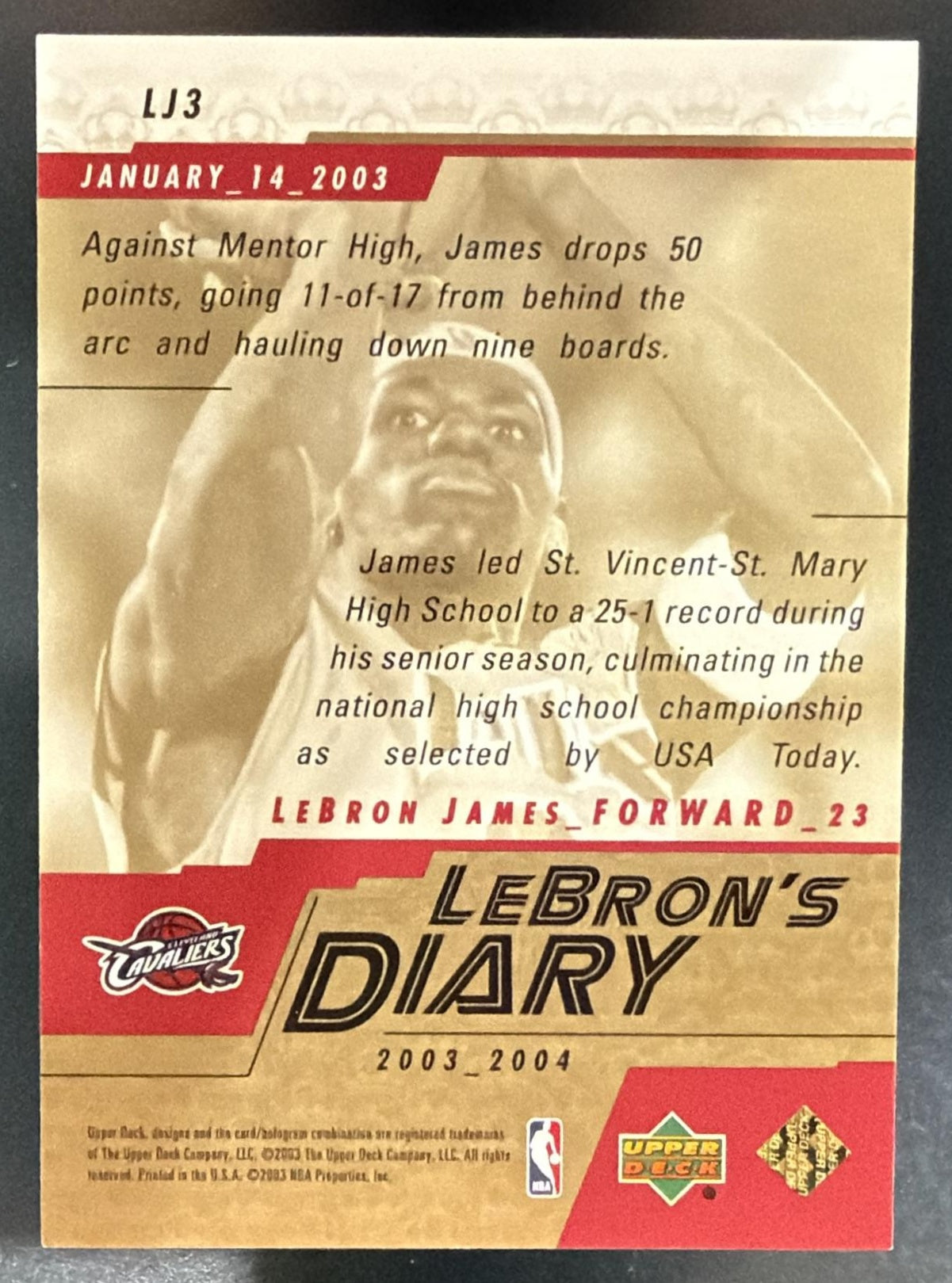 2003-04 Upper Deck LeBron James #LJ3 LeBron's Diary RC Cavaliers — back