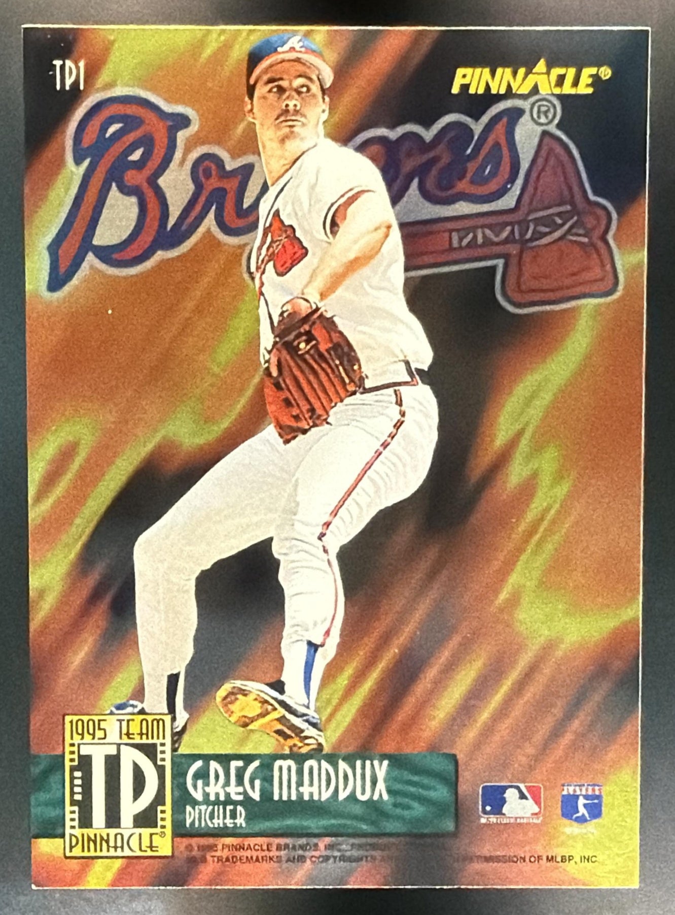 1995 Pinnacle Mike Mussina Greg Maddux #TP1 Team Dufex Front Braves Orioles — back