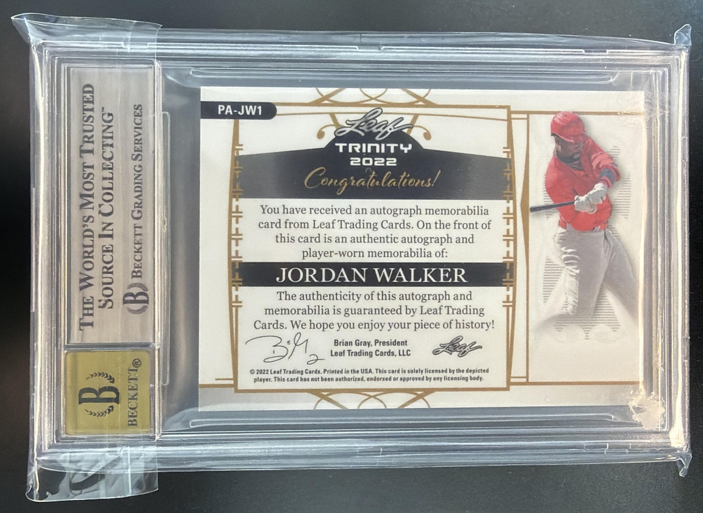 2022 Leaf Trinity Jordan Walker Patch Auto Black Foil Emerald Spectrum 1/1 BGS 8 — back