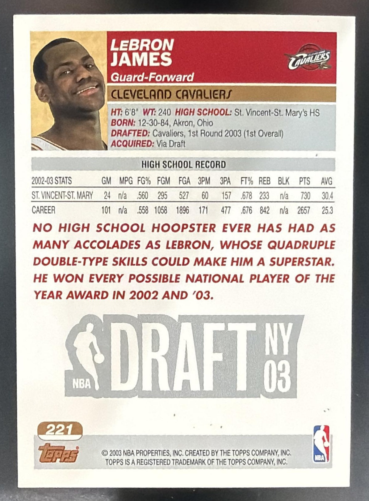 2003-04 Topps LeBron James #221 RC Cavaliers — back