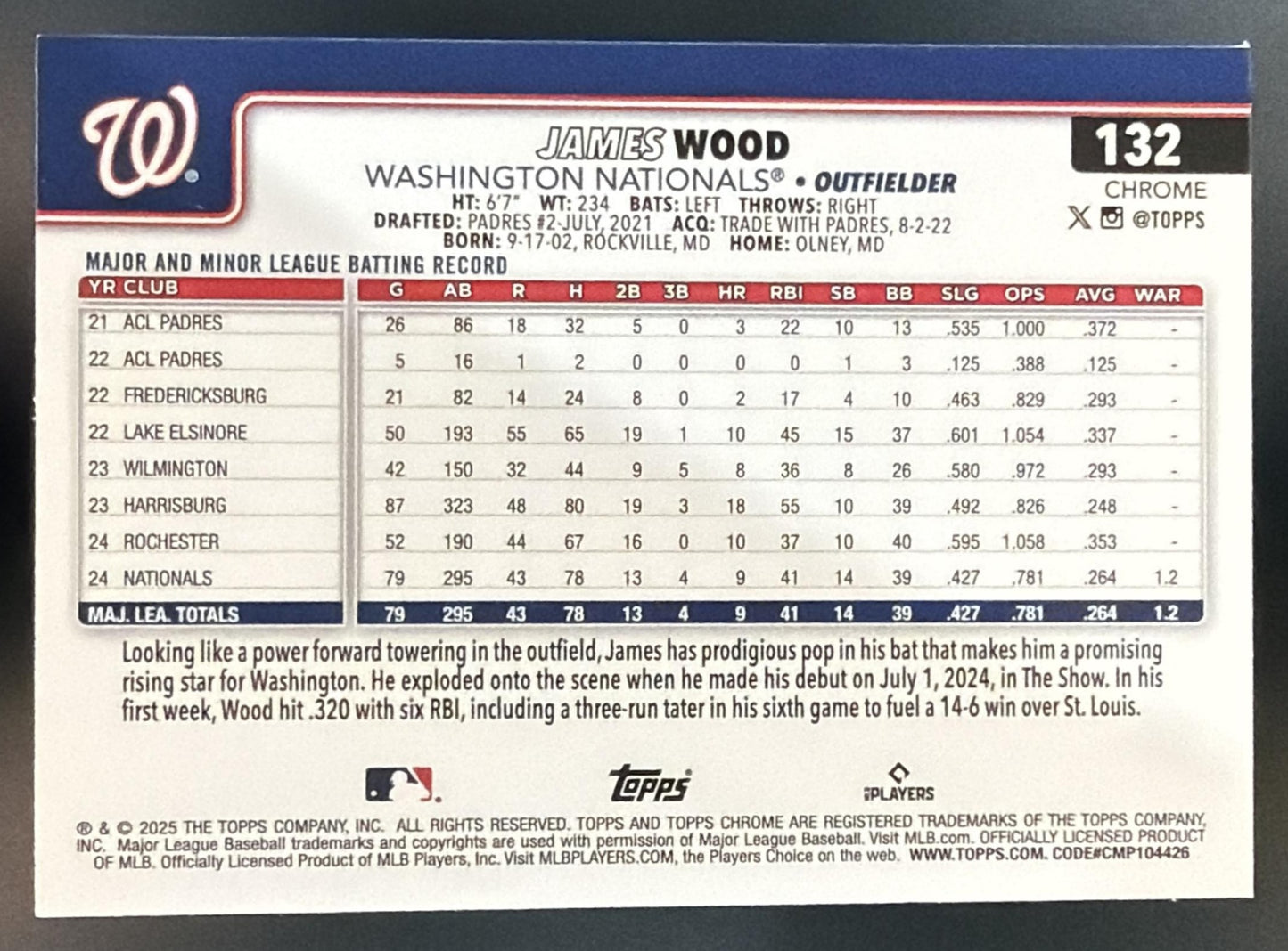 2025 Topps Chrome Sapphire James Wood #132 RC Nationals — back