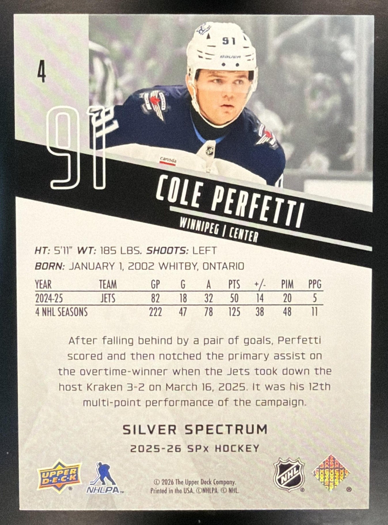 2025-26 Upper Deck SPx Cole Perfetti #4 Silver Spectrum 16/25 Jets — back