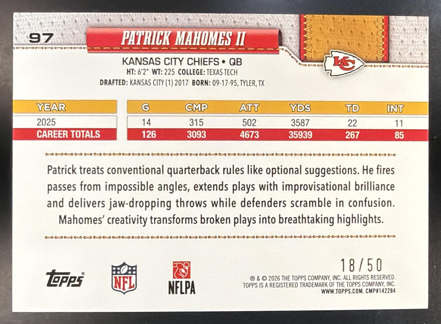2026 Topps Patrick Mahomes II #97 Football Leather Gold Foil 18/50 Chiefs — back