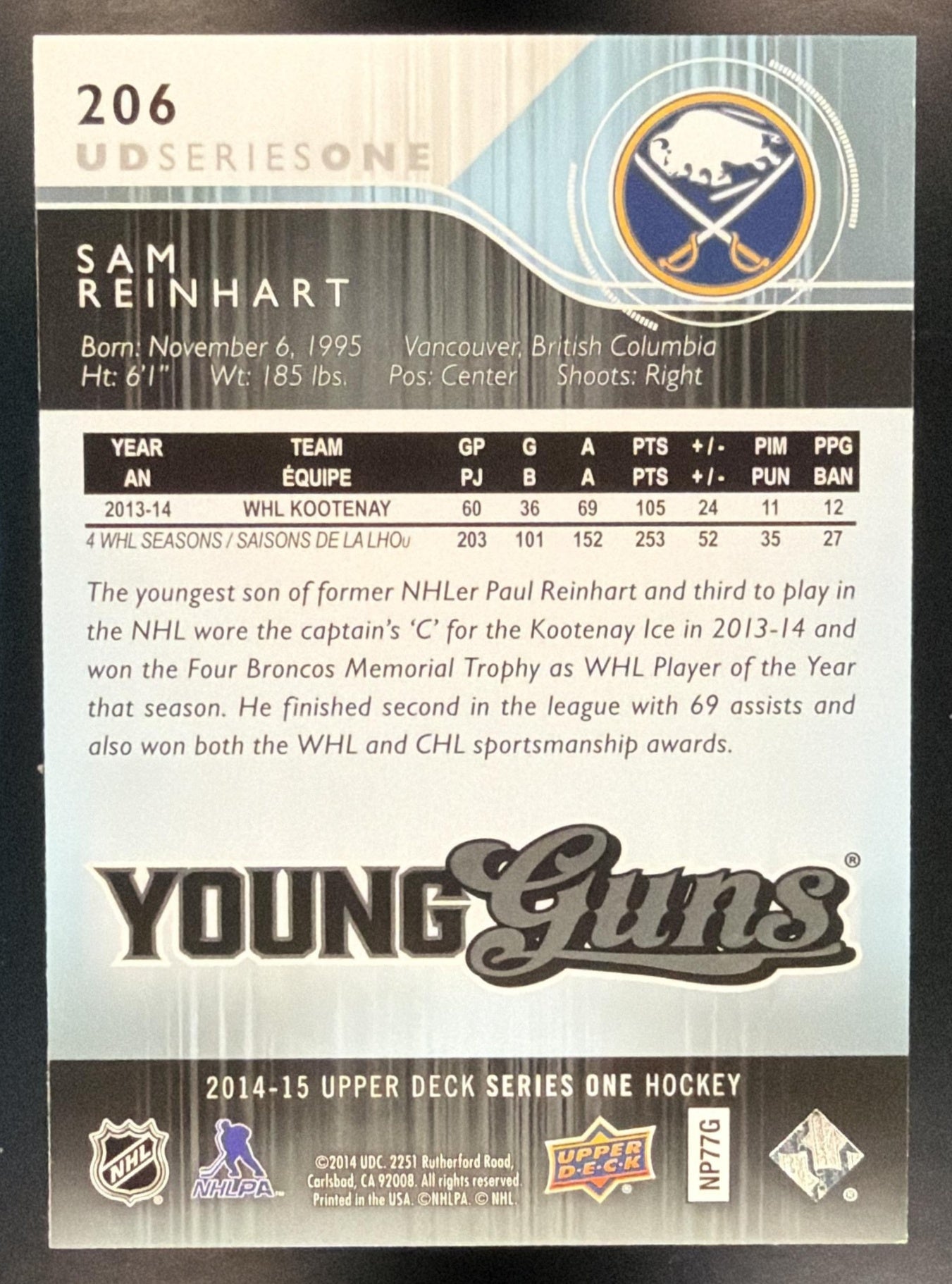 2014-15 Upper Deck Sam Reinhart #206 Young Guns RC Sabres — back