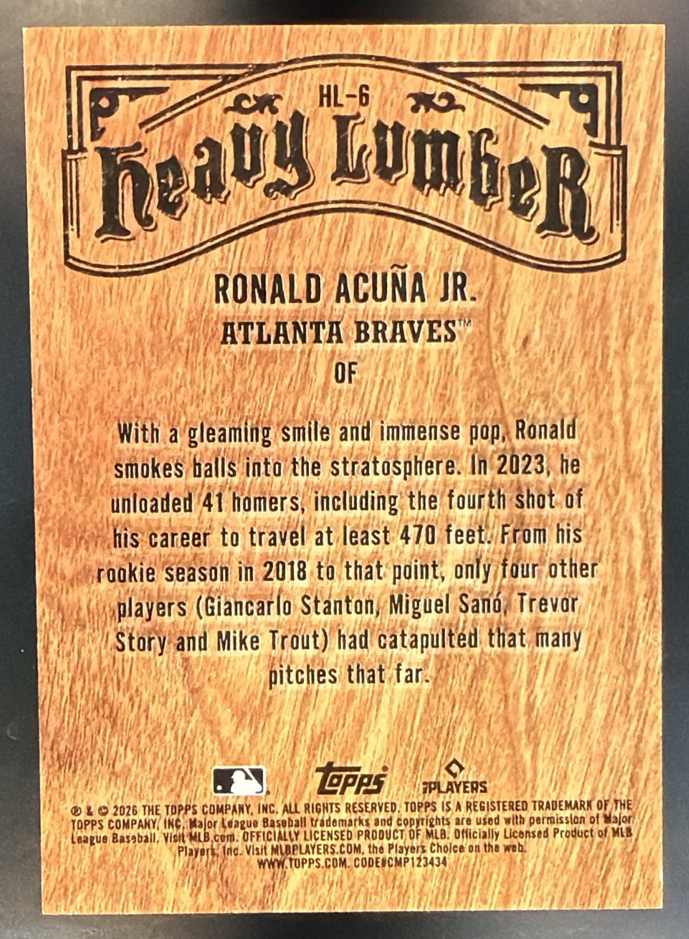 2026 Topps Series 1 Ronald Acuna Jr. #HL-6 Heavy Lumber SSP Braves — back