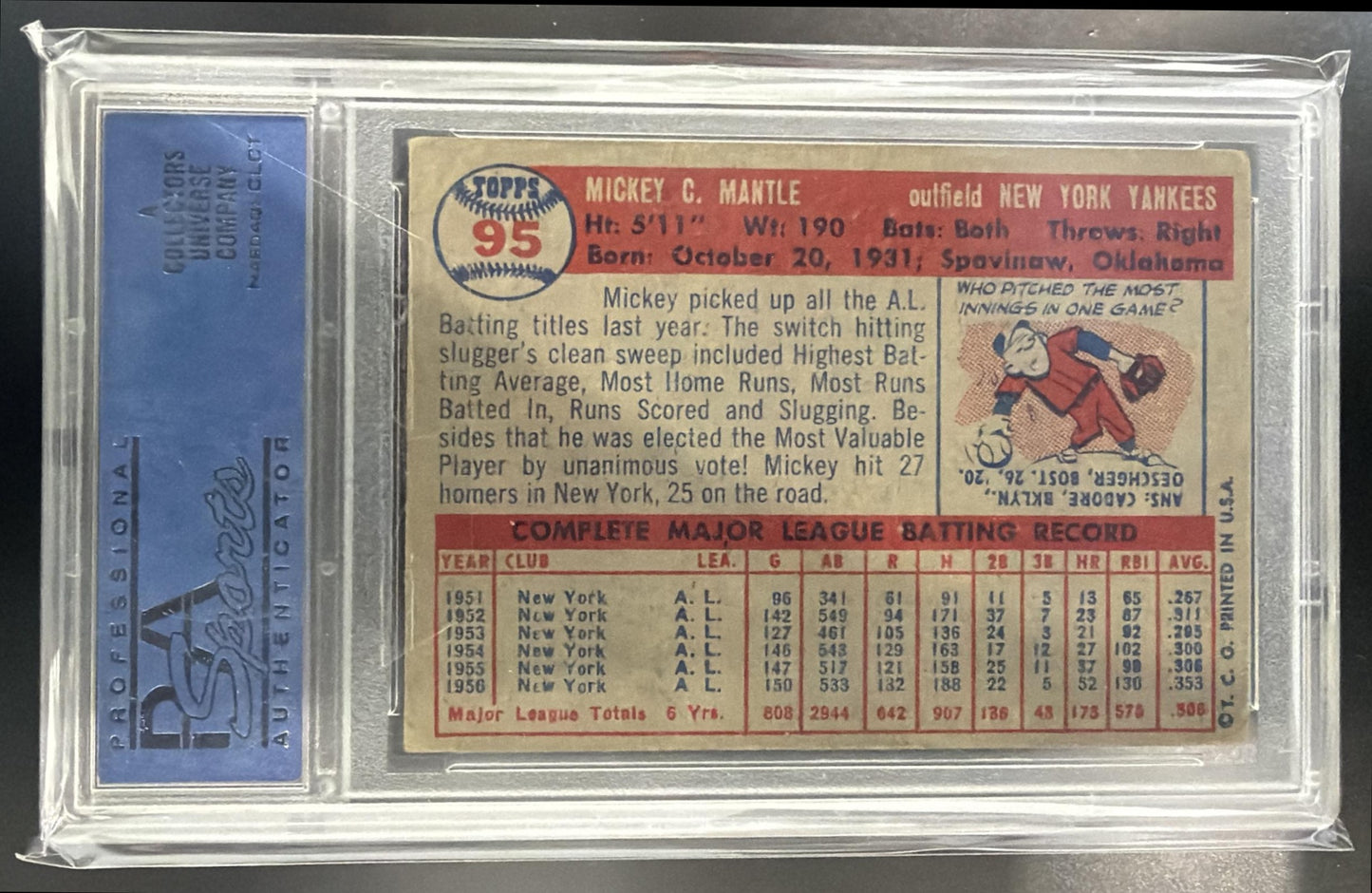 1957 Topps Mickey Mantle #95 Yankees PSA 2 — back