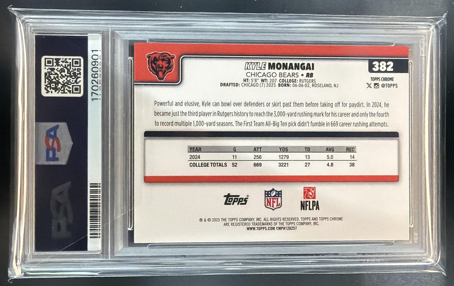 2025 Topps Chrome Kyle Monangai #382 Rookie X-Fractor RC Bears PSA 9 — back