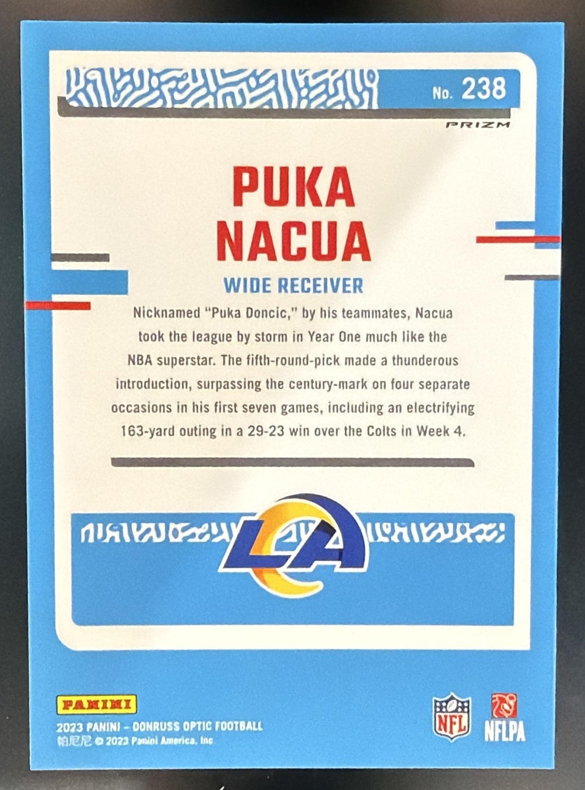 2023 Panini Donruss Optic Puka Nacua #238 Green Velocity Prizm RC Rated Rookie — back
