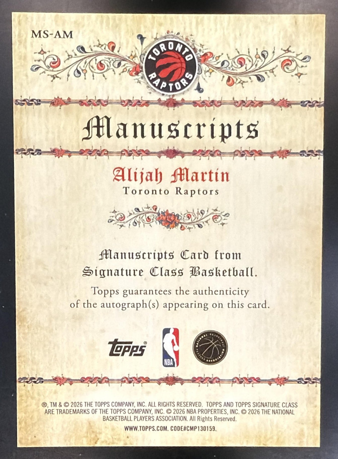 2025-26 Topps Signature Class Alijah Martin #MS-AM Manuscripts Auto RC Raptors — back