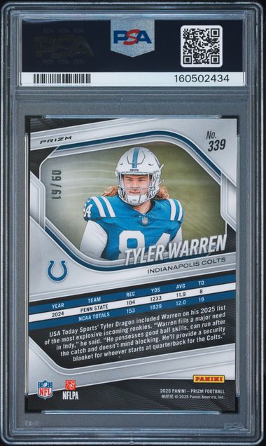 2025 PANINI PRIZM #339 TYLER WARREN KANGAROO PRIZM ROOKIE /61 PSA 10