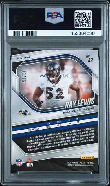 2025 PANINI PRIZM #42 RAY LEWIS CHERRY BLOSSOM /15 CHOICE PSA 10