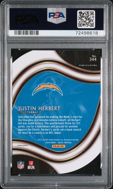 2020 PANINI SELECT #344 JUSTIN HERBERT ROOKIE DIE-CUT ORANGE PRIZM PSA 10