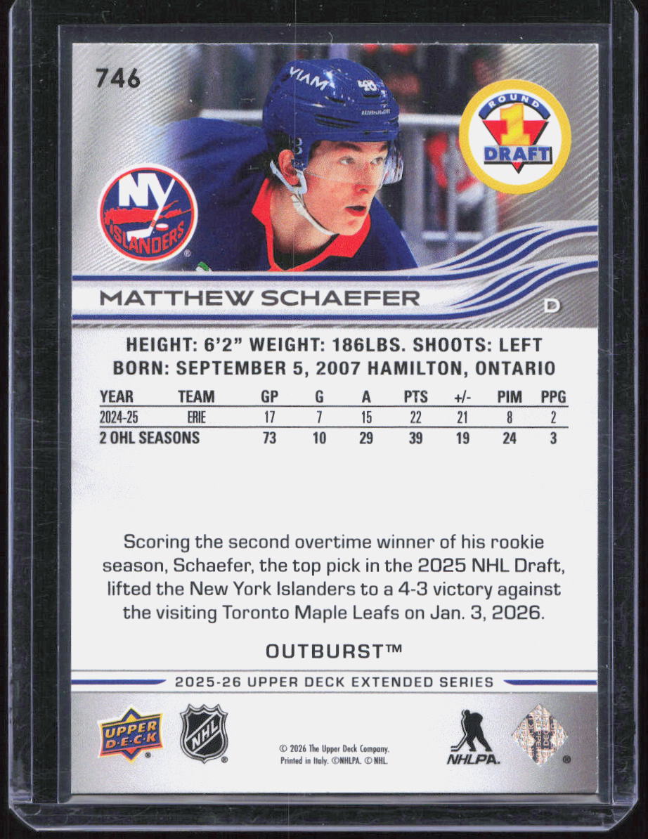 2025-26 UD SERIES EXTENDED 1ST ROUND DRAFT OUTBURST MATTHEW SCHAEFER