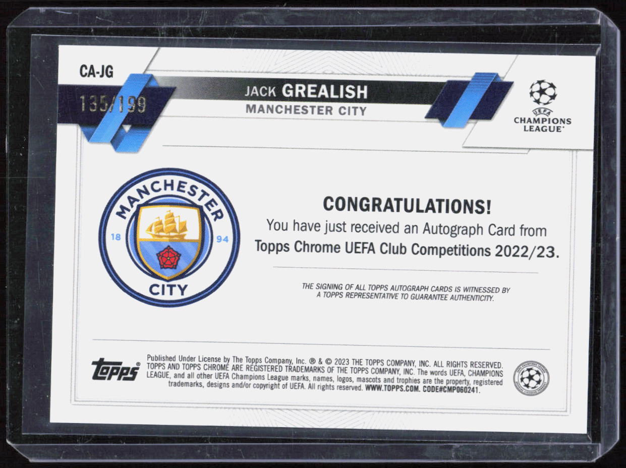 2022-23 Topps Chrome UEFA Jack Grealish Auto Refractor Aqua #/199 Man City