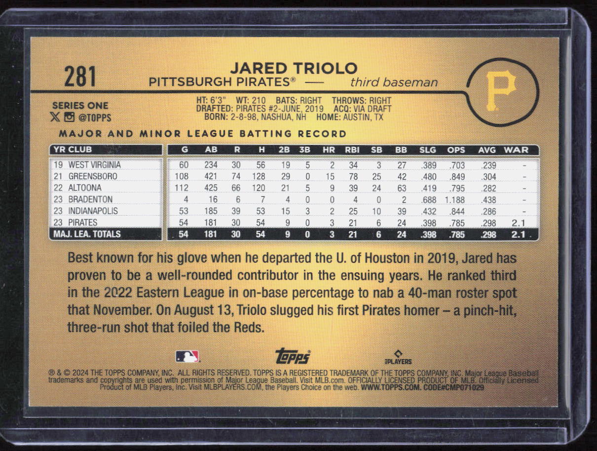 JARED TRIOLO 2024 TOPPS #281 ROOKIE GOLDEN MIRROR SSP RC PIRATES